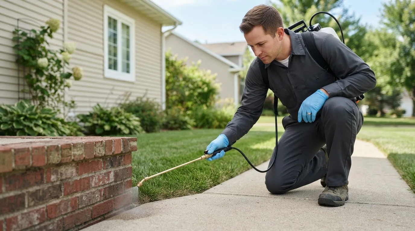 Pest control technician treating a home near Fleming, PA