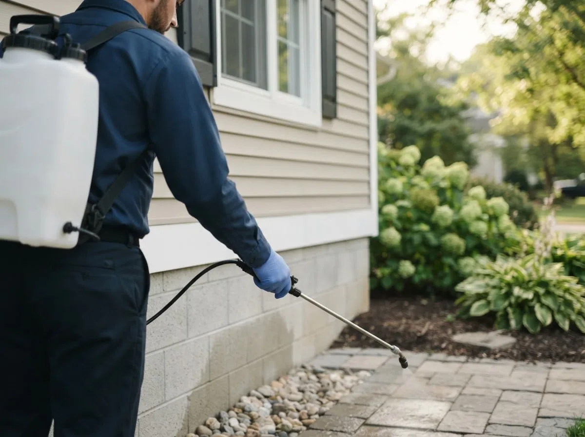 Pest control technician inspecting a home in Fleming, PA